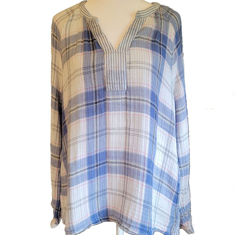 New Directions Roll Tab Sleeve Blue and White Plaid Tunic Size M
